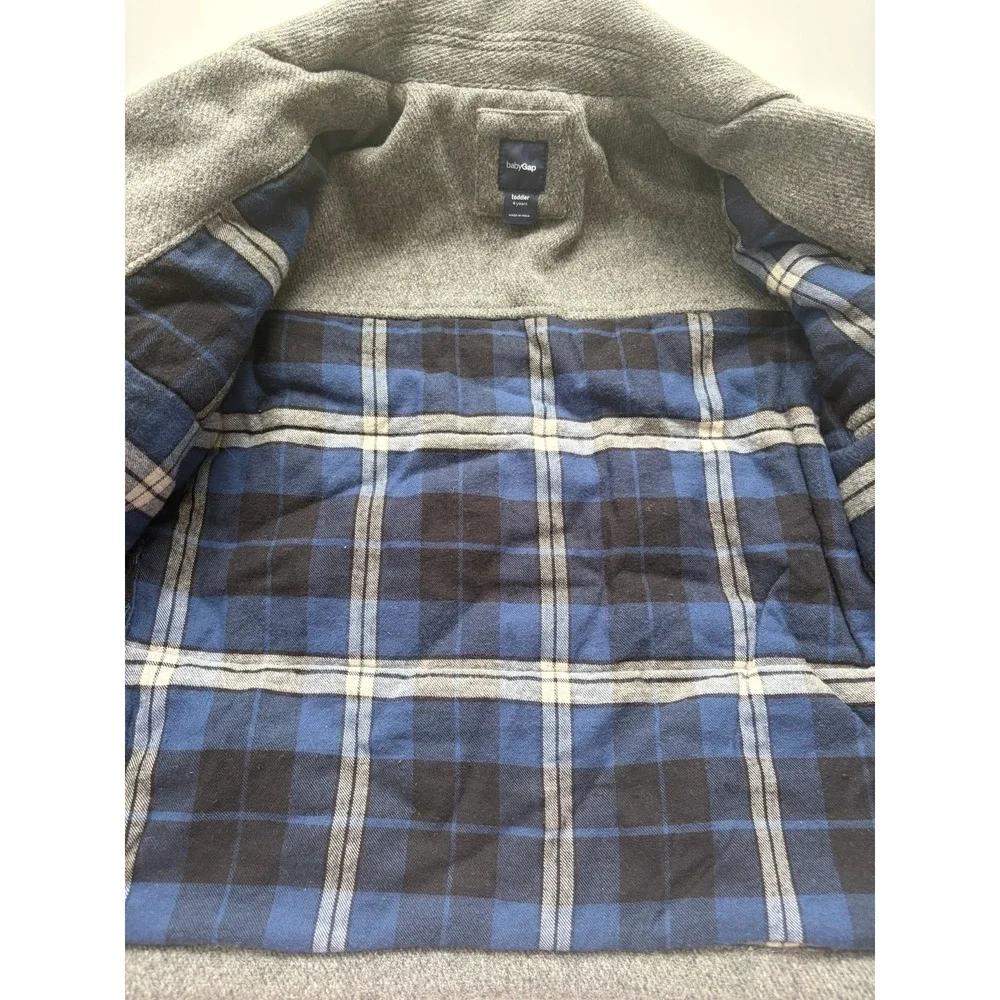 BabyGap Toddler Boys Gray Wool Blend Pea Coat Plaid Lined Jacket 4 Years